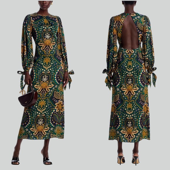 FARM Rio Dresses & Skirts - NWT Farm Rio Jaipur Black Maxi Dress Medium Green Paisley Open Back Long Sleeve